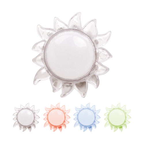 Zonnige siliconen deurbeschermer in zonvorm, zicht van bovenaf, verkrijgbaar in transparant wit, roze, blauw en groen.
