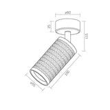 Technische lijntekening van een cilindrische plafondspot met diamantpatroon, inclusief afmetingen in millimeters; perspectief weergave met zij- en onderaanzicht.
