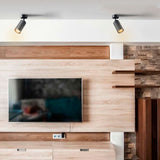 Zwart metalen plafondspot in cilindervorm, gemonteerd op een modern wit plafond in een woonkamerinterieur met houten wandmeubel en televisie – frontale aanzicht.