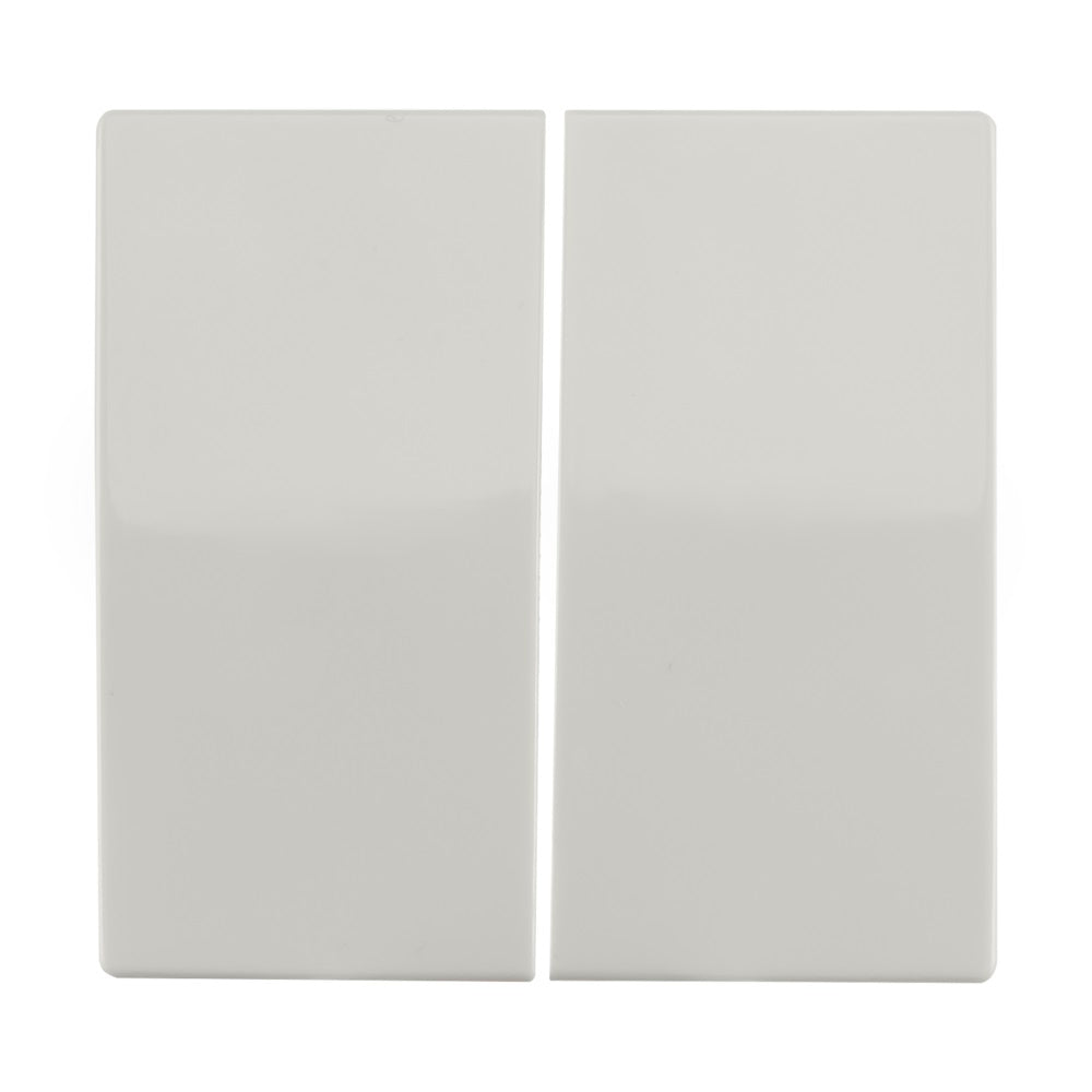 Vooraanzicht van een witte dubbele schakelwip voor een lichtschakelaar, met een strak en minimalistisch design, geschikt voor moderne interieurtoepassingen.