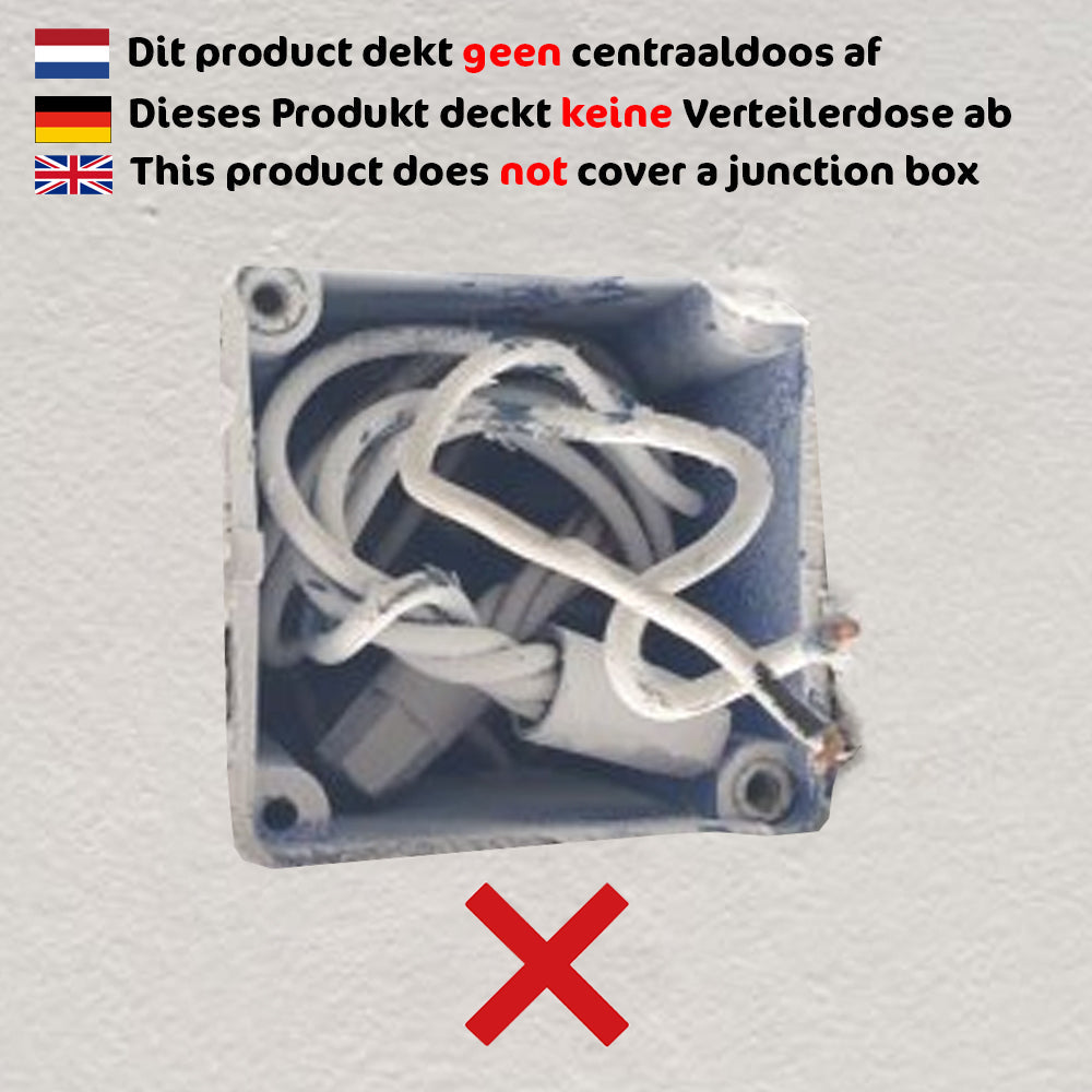 Close-up van een open centraaldoos met losse bedrading, voorzien van een rode X en meertalige waarschuwingstekst dat dit product geen centraaldoos afdekt – bovenaanzicht.