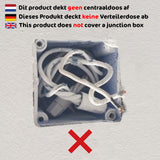 Close-up van een open centraaldoos met losse bedrading, voorzien van een rode X en meertalige waarschuwingstekst dat dit product geen centraaldoos afdekt – bovenaanzicht.