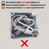 Bovenaanzicht van een open centraaldoos met blootliggende elektrische bedrading, met waarschuwingstekst in meerdere talen dat het product deze doos niet afdekt.