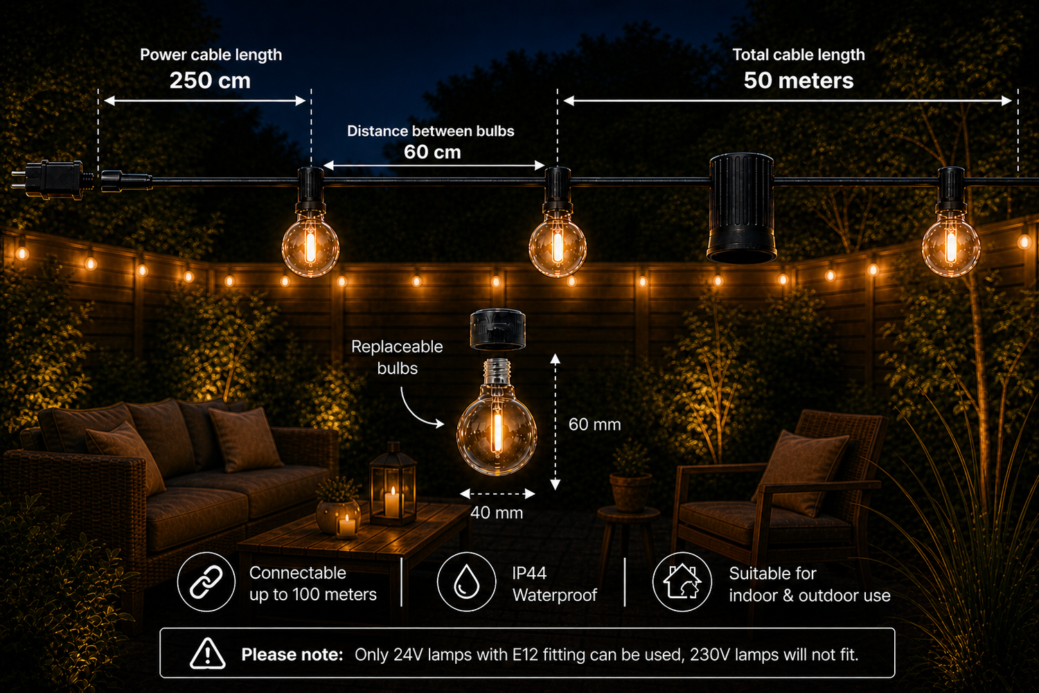 50M Prikkabel / Lichtsnoer met afstandsbieding | Incl. 87x LED lampen | DIMBAAR | 1W | 2700K | 24V | Plug & Play | Koppelbaar