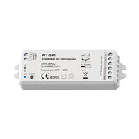 WT-SPI RGB/RGBW SPI LED controller met WiFi 2.4G ondersteuning, bovenaanzicht met zichtbare aansluitklemmen en technische specificaties op de behuizing.
