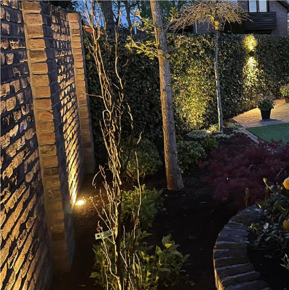 Sfeervolle tuinverlichting aanzicht in de avond, met grondspots die tuinmuur, planten en bomen accentueren voor een warme en uitnodigende sfeer