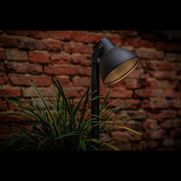 Zijaanzicht van een zwarte buitenlamp met industriële look, geplaatst naast groene plant tegen een achtergrond van rode bakstenen muur, in sfeervolle avondverlichting.