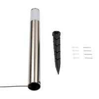 RVS solar tuinlamp met grondspies, schroeven en pluggen - bovenaanzicht van complete set tuinverlichting voor buitengebruik.