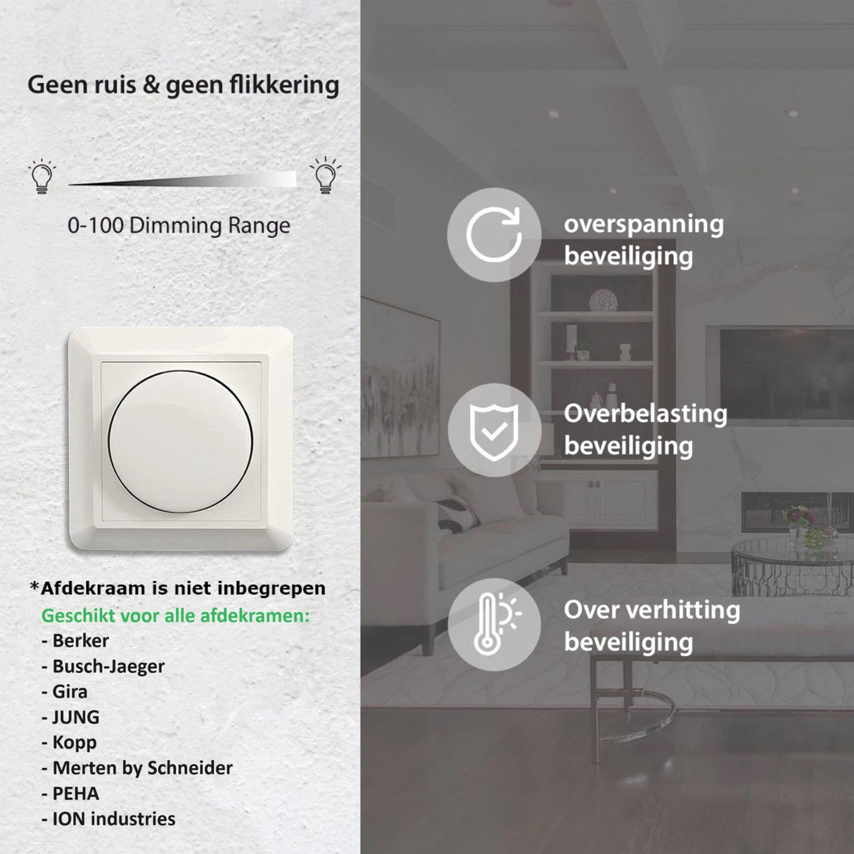 Witte LED-dimmer schakelaar met draaiknop, frontaal aanzicht gemonteerd op een muur, met aanduiding van 0-100% dimbereik en functies zoals overspanning-, overbelasting- en oververhittingsbeveiliging; compatibel met diverse afdekkramen van merken zoals Berker, Busch-Jaeger en Gira.
