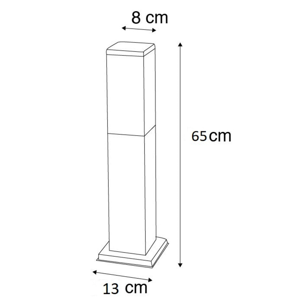 Technische lijntekening van een staande buitenlamp met afmetingen, vooraanzicht, hoogte 65 cm, bovenzijde 8 cm breed en voetstuk 13 cm breed.