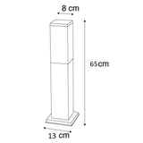 Technische lijntekening van een staande buitenlamp met afmetingen, vooraanzicht, hoogte 65 cm, bovenzijde 8 cm breed en voetstuk 13 cm breed.