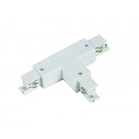 Witte T-connector voor 3-fase railsysteem, bovenaanzicht, geschikt voor het verbinden van drie railsecties in een T-vormige configuratie voor spanningsrailverlichting.