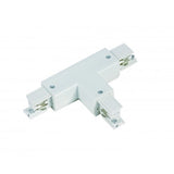 Witte T-stuk railverbinder voor 3-fase railverlichting, bovenaanzicht.