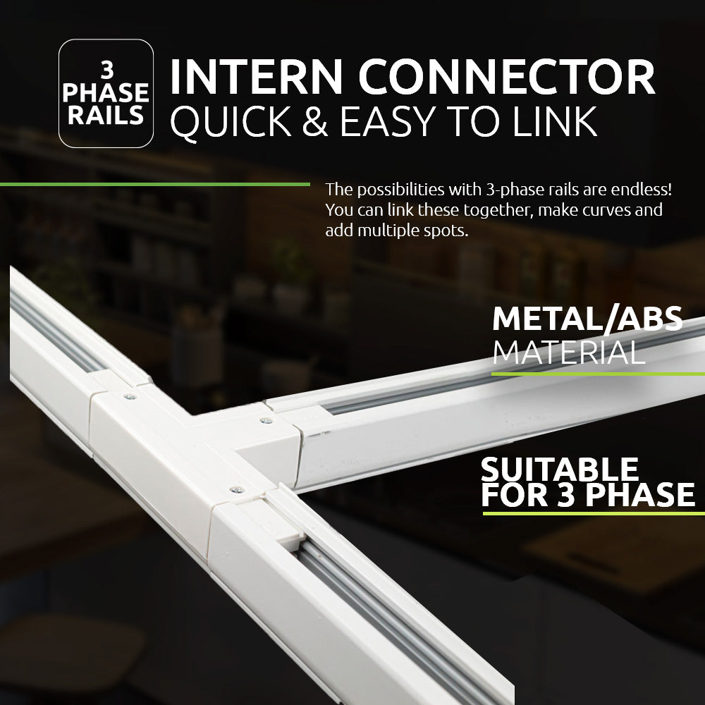 3-fase intern connector voor railverlichting, geschikt voor het eenvoudig verbinden van meerdere railstukken; gemaakt van metaal/ABS en getoond in isometrisch perspectief.