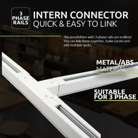 3-fase intern connector voor railverlichting, geschikt voor het eenvoudig verbinden van meerdere railstukken; gemaakt van metaal/ABS en getoond in isometrisch perspectief.