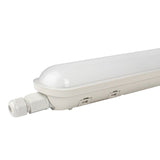 Waterdichte LED TL-armatuur met opaal witte afscherming, zijkant aanzicht, geschikt voor industriële of vochtige omgevingen.