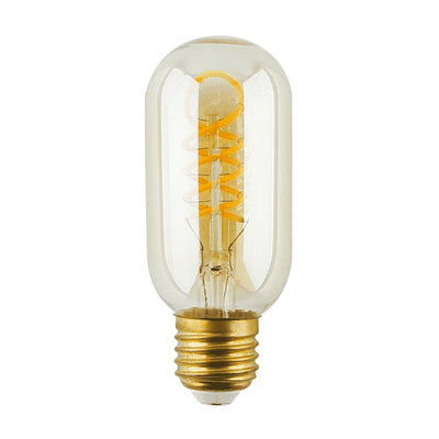 LED filament lamp in vintage stijl met E27 fitting, buisvormig ontwerp en spiraalvormige gloeidraad, vooraanzicht op witte achtergrond.