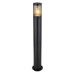 Moderne zwarte buitenlamp sokkellamp met transparant glas en zichtbaar filament, recht vooraanzicht, ideaal voor tuin- of opritverlichting.