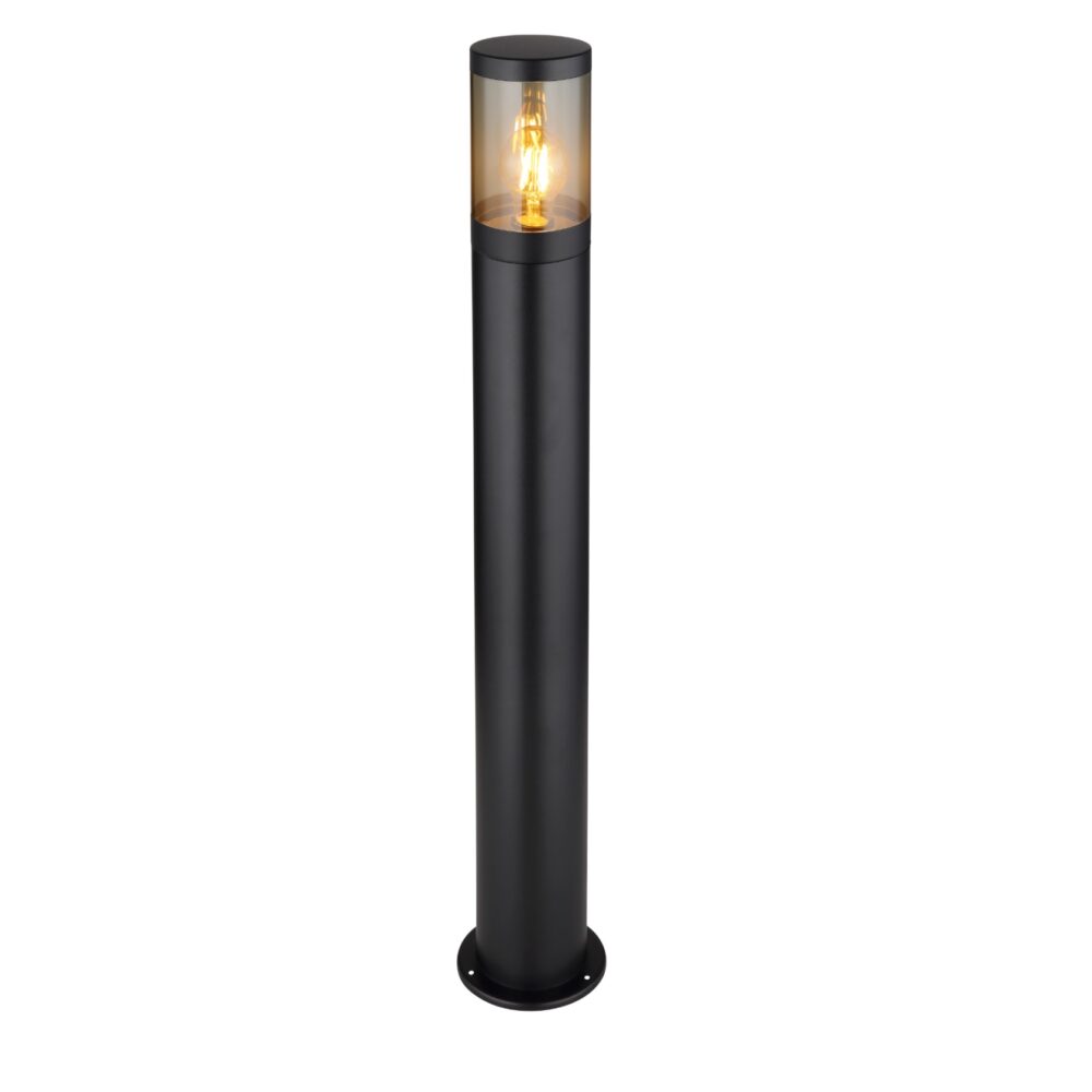 Moderne zwarte buitenlamp sokkellamp met transparant glas en zichtbaar filament, recht vooraanzicht, ideaal voor tuin- of opritverlichting.