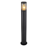 Moderne zwarte buitenlamp sokkellamp met transparant glas en zichtbaar filament, recht vooraanzicht, ideaal voor tuin- of opritverlichting.