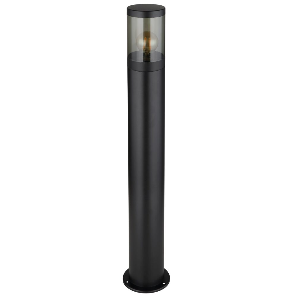 Moderne zwarte buitenlamp staande sokkellamp met geïntegreerde heldere kap en zichtbare filamentlamp, frontaal aanzicht.