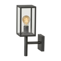 Moderne zwarte buitenlamp wandmodel met rechthoekige glazen behuizing en zichtbare LED filamentlamp, schuin vooraanzicht.