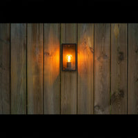 Vooraanzicht van een moderne wandlamp met zichtbaar filament, gemonteerd op een houten schutting, ideaal als sfeervolle buitenverlichting voor tuin of terras.