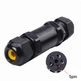 Waterdichte 5-polige kabelconnector van zwart kunststof, horizontaal zijaanzicht met close-up van de 5-pin aansluiting voor elektrische verbindingen, geschikt voor buitengebruik.