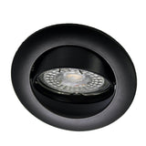Ronde zwarte kantelbare inbouwspot met GU10 fitting, schuin van voren gefotografeerd.