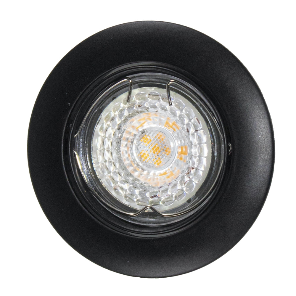 Zwarte LED inbouwspot met helder glas en zichtbaar lichtpunt, frontaal aanzicht.