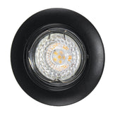 Zwarte LED inbouwspot met helder glas en zichtbaar lichtpunt, frontaal aanzicht.