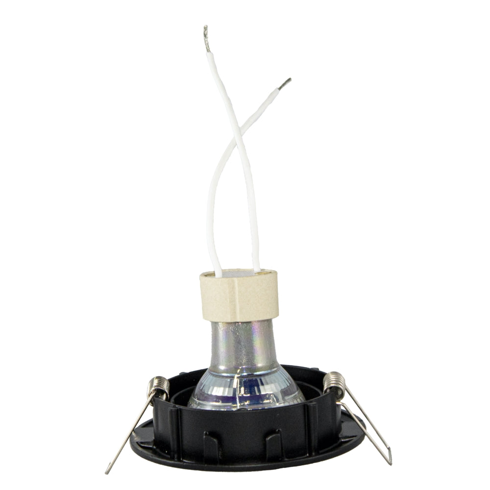 Halogeen inbouwspotlamp met GU10 fitting en keramische aansluiting, vooraanzicht met zichtbare bedrading en montageveren.