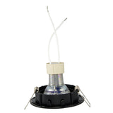 Halogeen inbouwspotlamp met GU10 fitting en keramische aansluiting, vooraanzicht met zichtbare bedrading en montageveren.