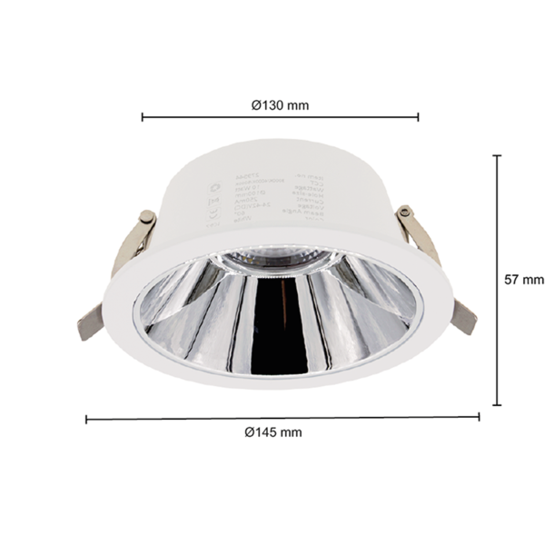 LED downlight inbouwspot met witte behuizing en glanzende reflector, vooraanzicht met zichtbare afmetingen: buitendiameter 145 mm, inbouwdiameter 130 mm en hoogte 57 mm.