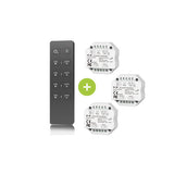 Afbeelding van een draadloze RF afstandsbediening met vier bijbehorende slimme relaismodules voor schakelen van verlichting of apparaten, vooraanzicht.