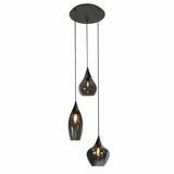 Hanglamp met drie glazen rookgrijze kappen in verschillende vormen, modern design, frontaal aanzicht tegen een witte achtergrond.