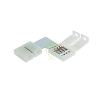 LED strip connector 4-pin rechthoekig - bovenaanzicht van witte kunststof koppelstuk met geopende klemmen en zichtbare bedrading voor RGB LED strips.