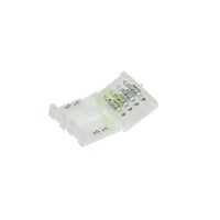 Witte 4-pins LED strip connector - bovenaanzicht op haakse verbindingskoppeling met metalen contactpunten voor 10mm brede RGB LED strips.