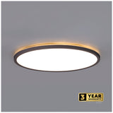 Moderne ronde plafondlamp met zwarte rand en warme LED-verlichting, onderaanzicht, geschikt voor woon- of werkruimtes – inclusief 3 jaar garantie.