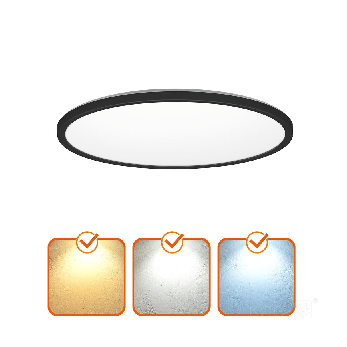 Ronde zwarte LED plafondlamp met instelbare kleurtemperatuur (warm wit, neutraal wit en koel wit), zicht van onderen.