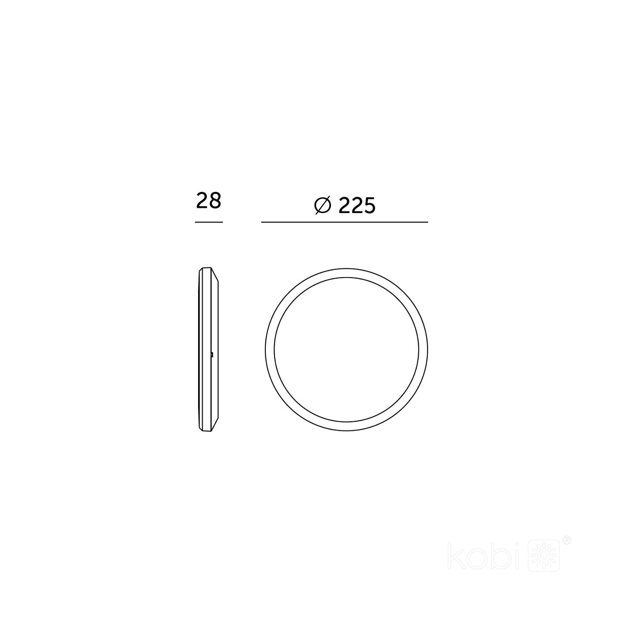 Technische tekening van een ronde plafondlamp met een diameter van 225 mm en een dikte van 28 mm, weergegeven in zijaanzicht en onderaanzicht.
