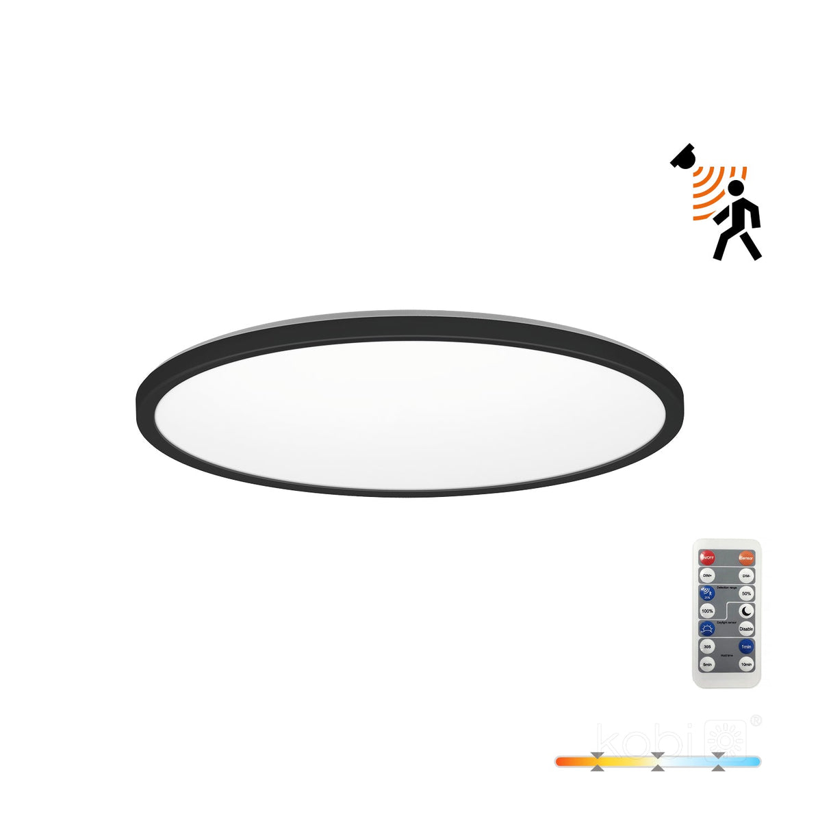 Ronde LED plafondlamp met zwarte rand, voorzien van bewegingssensor en afstandsbediening, instelbare kleurtemperatuur; vooraanzicht onder een lichte hoek.