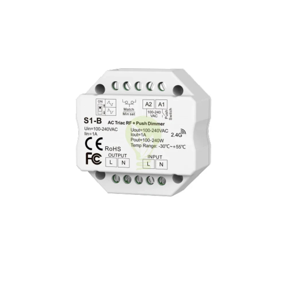 Afbeelding van een S1-B AC Triac RF + Push Dimmer module, frontaal aanzicht met zichtbare aansluitklemmen, specificaties en markeringen zoals CE, RoHS en FCC, geschikt voor inbouw in schakelkasten of achter wandschakelaars.