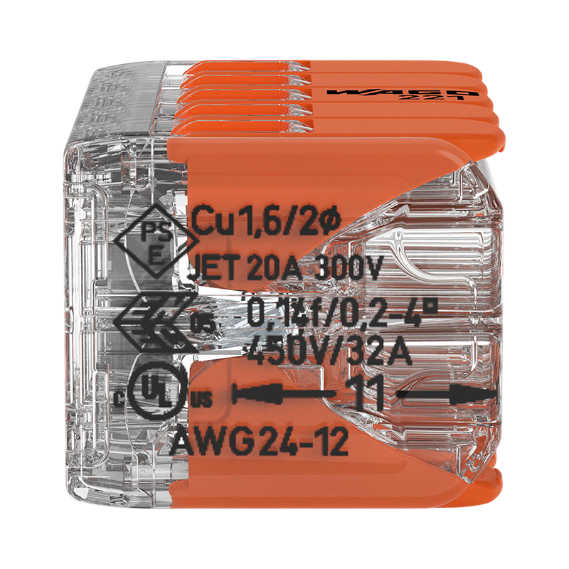 Close-up zijaanzicht van een transparante elektrische draadconnector met oranje hendels, voorzien van technische specificaties en keurmerken voor elektrische installaties.