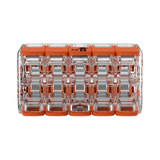 Transparante en oranje massagefoamroller met een structuur van harde nopjes, vooraanzicht op een witte achtergrond.