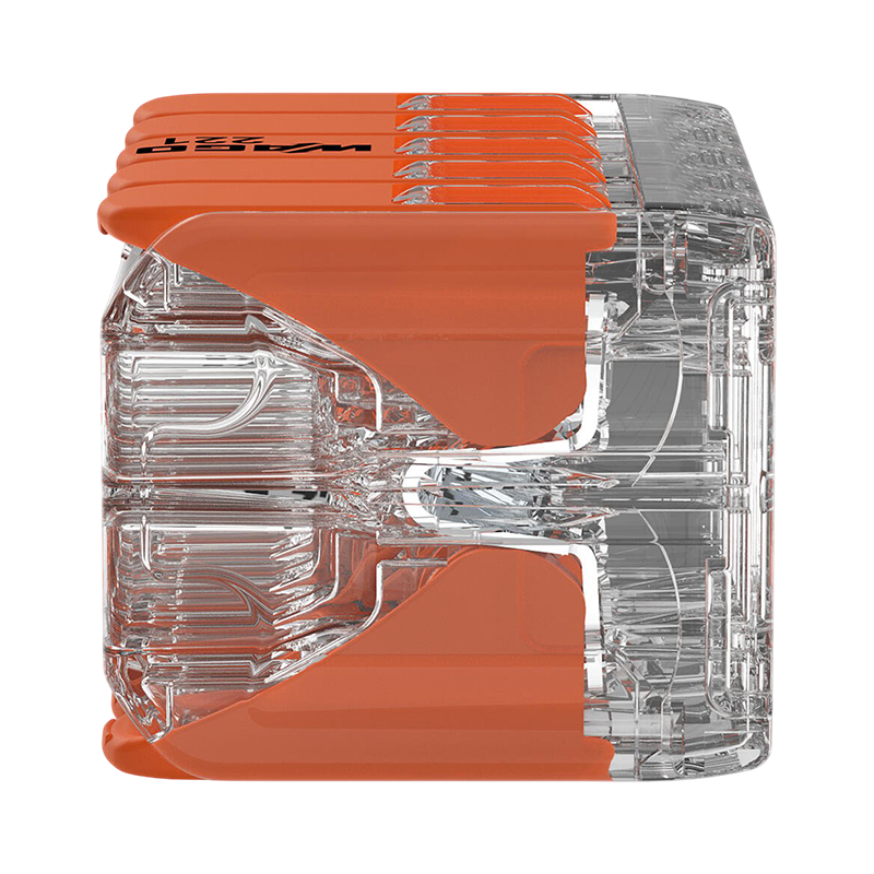 Transparante WAGO lasklem met oranje hendels, zijaanzicht van een 5-voudige draadconnector, geschikt voor elektrische installaties.