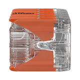 Transparante WAGO lasklem met oranje hendels, zijaanzicht van een 5-voudige draadconnector, geschikt voor elektrische installaties.