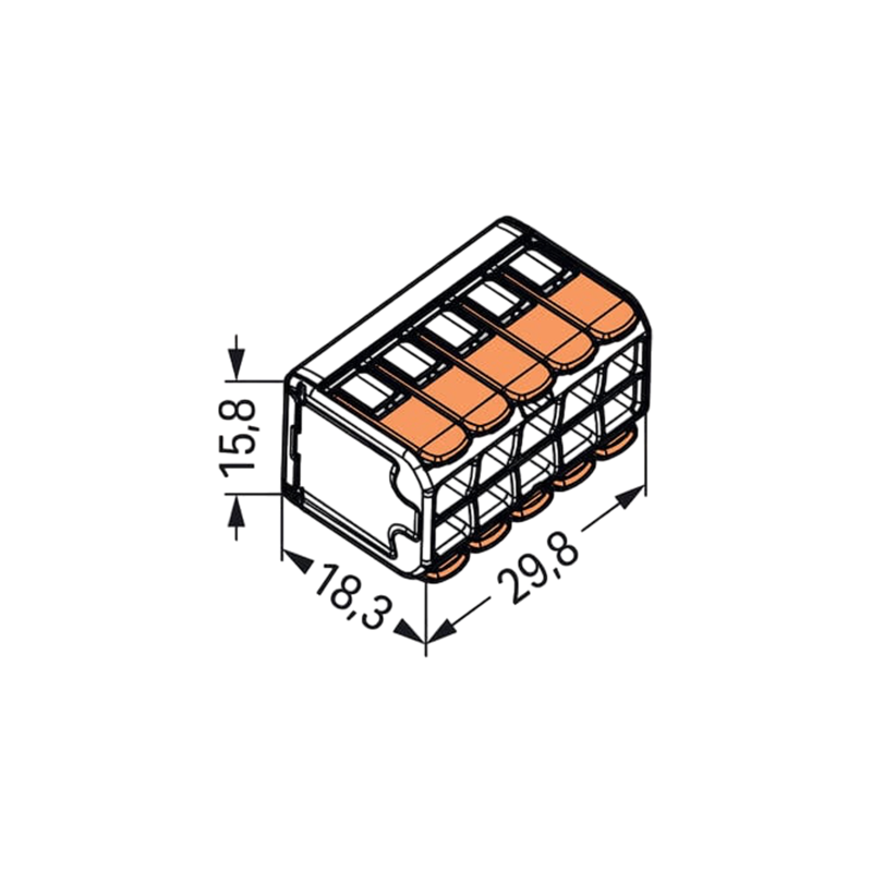 3D-tekening van een elektrische draadklemconnector met 5 polen, voorzien van hendels, met afmetingen 15,8 mm hoog, 18,3 mm diep en 29,8 mm breed, in isometrisch aanzicht.